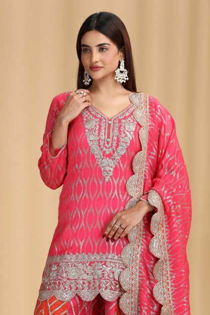 women wearing ready pink georgette salwar suit with zari embroidery