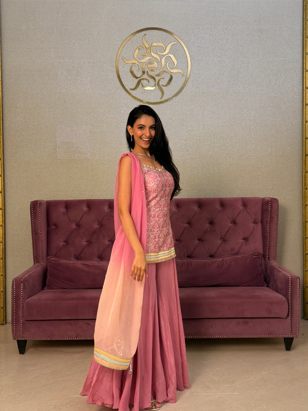 Pink Satin Silk Suit with Printed Organza Dupatta