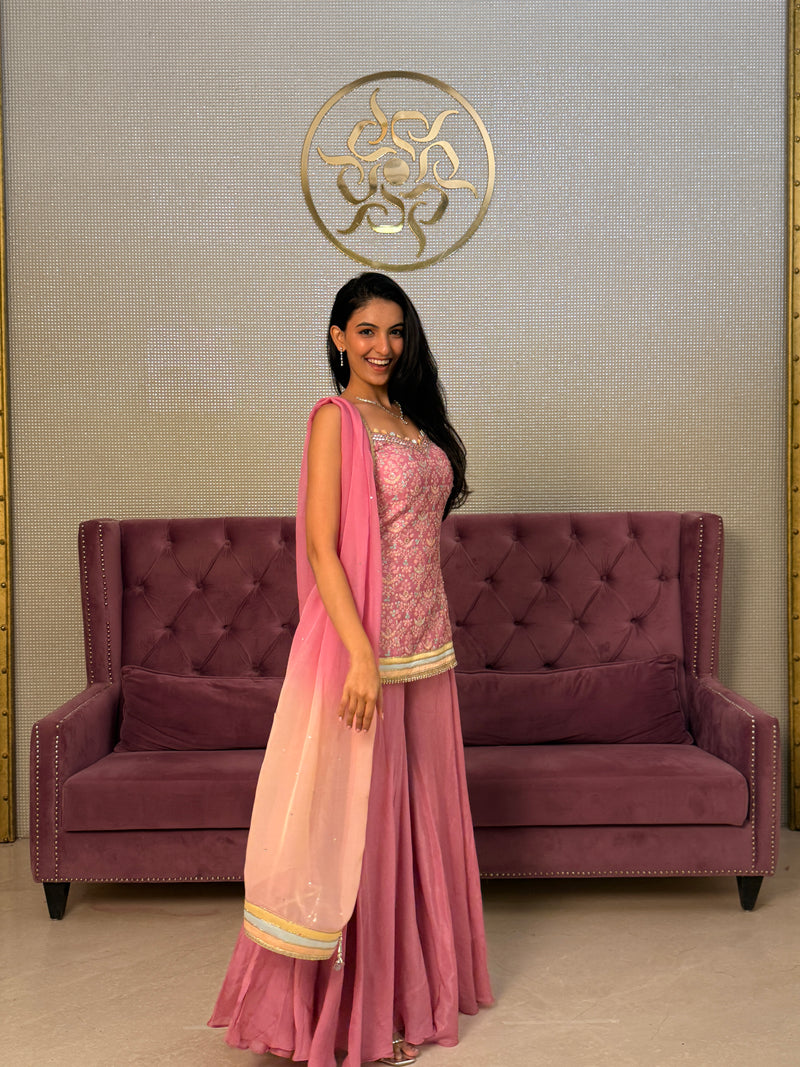 Pink Satin Silk Suit with Printed Organza Dupatta