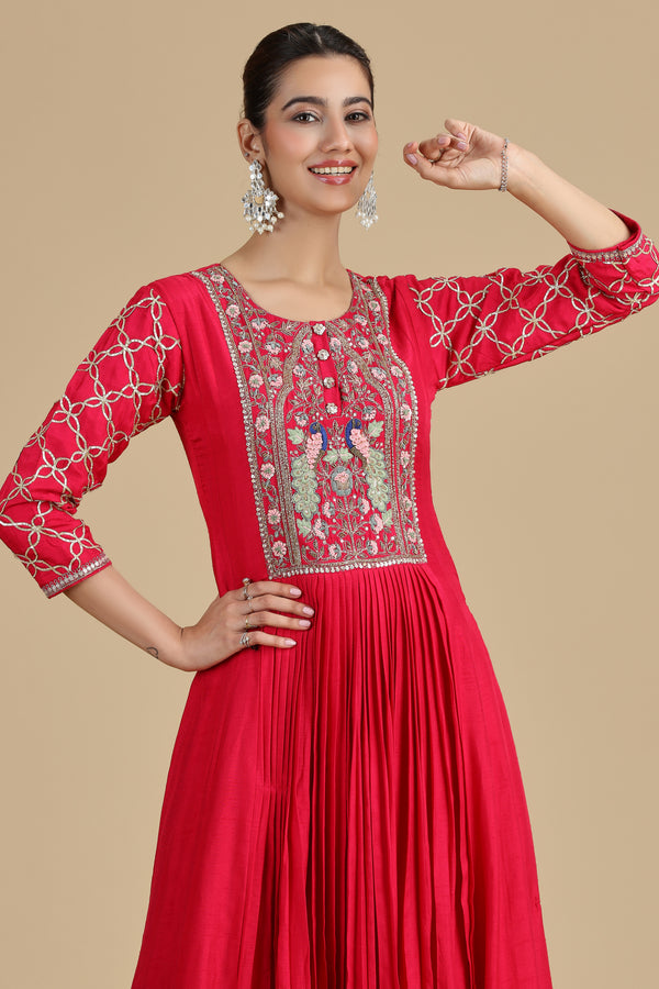 Elegant Pink Raw Silk Kurta Set with Thread Work & Pearls
