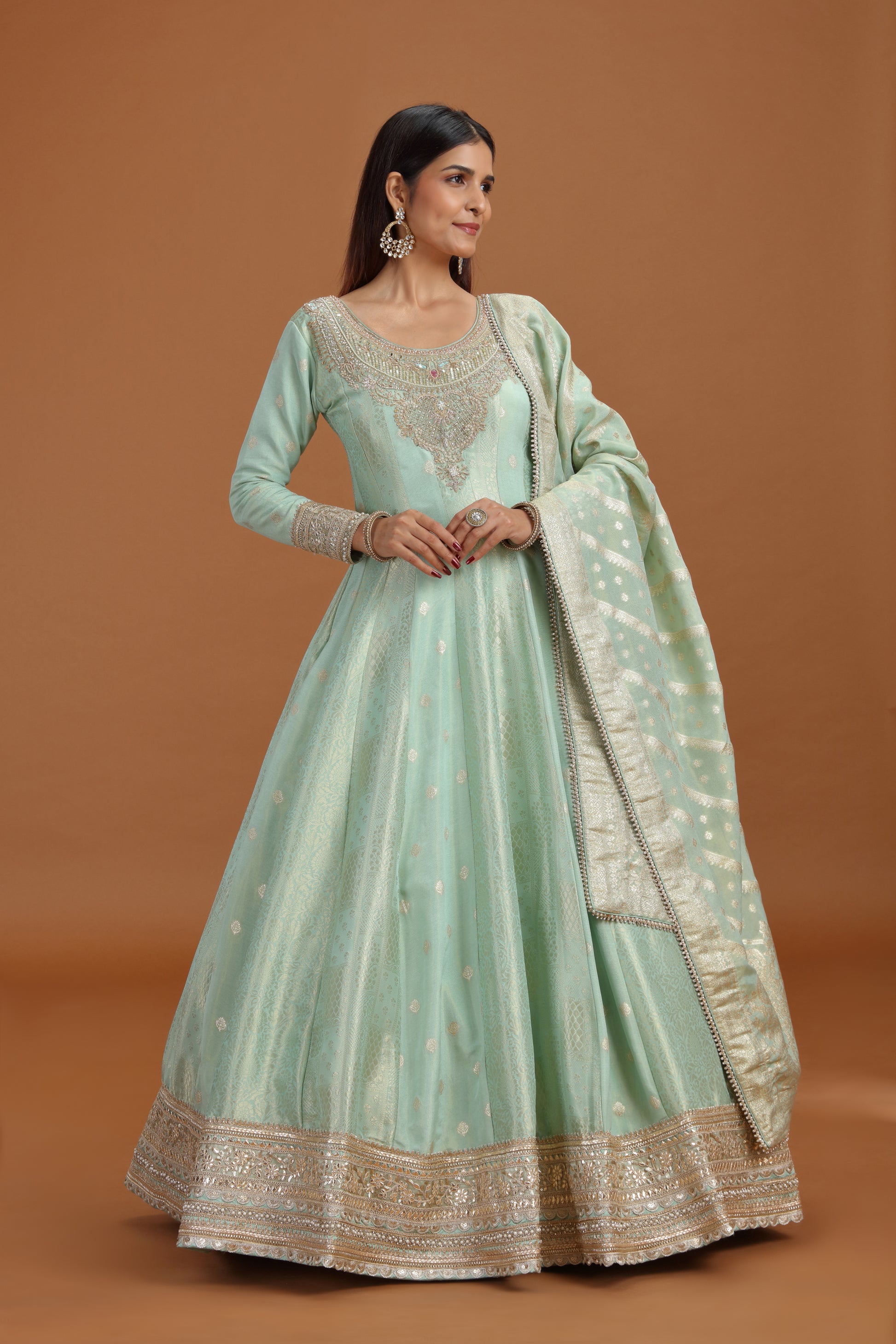 Pista Green Banarasi Silk Gown with Mirror, Sequins & Pearl Work - S Pista Green Banarasi Silk Gown with Mirror, Sequins & Pearl Work - S