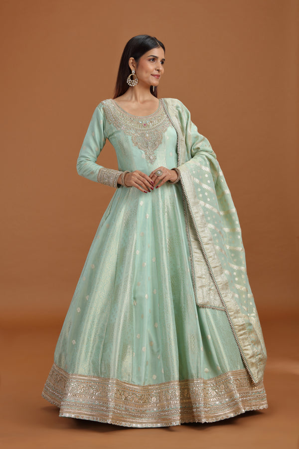Pista Green Banarasi Silk Gown with Mirror, Sequins & Pearl Work