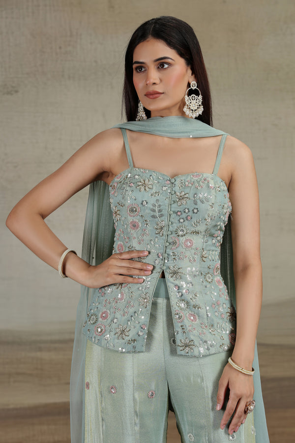 Pista Green Tissue & Net Outfit with Sequins & Thread Work