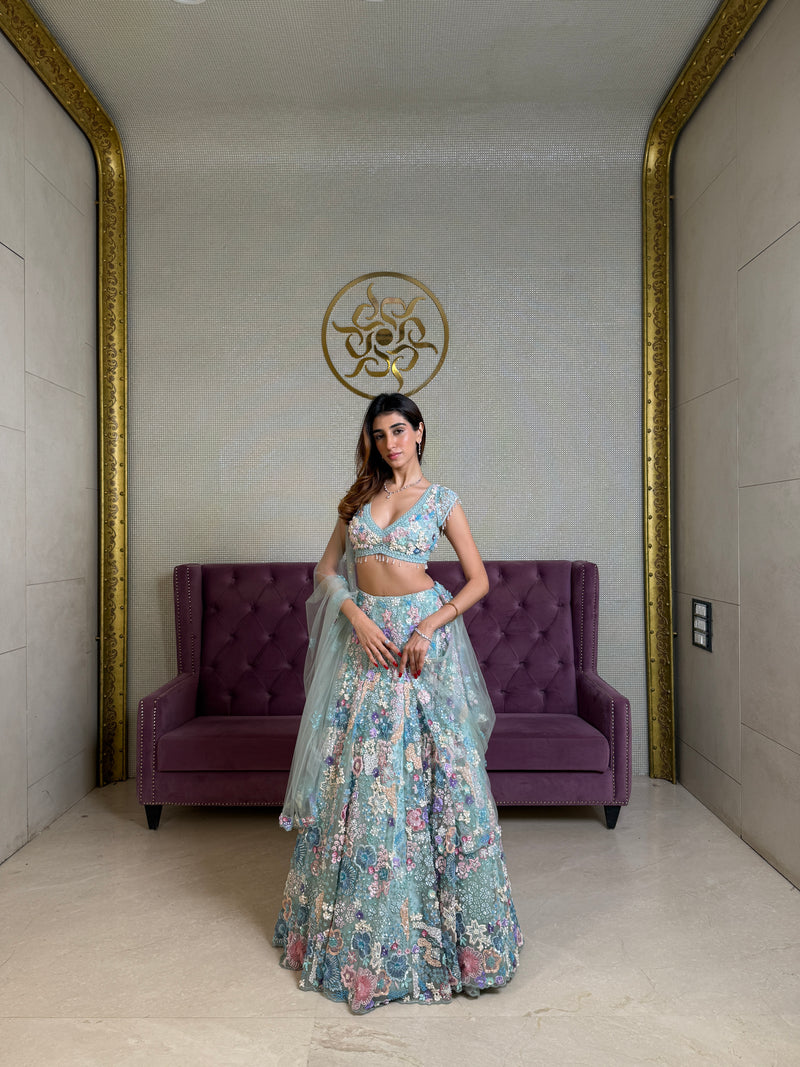 Powder Blue Net Lehenga Set with Abla, Cutdana & Moti Embroidery