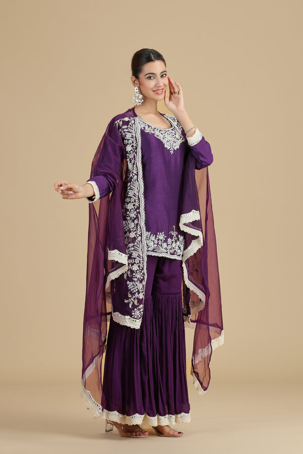 Purple Raw Silk Kurta Set with Abla & Mukesh Work