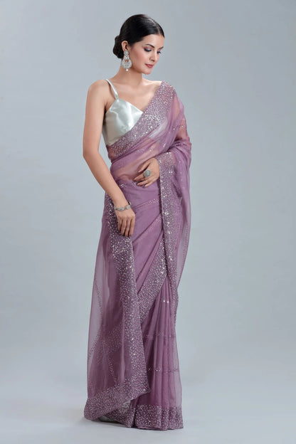Mauve Organza Saree with Sequins, Cutdana & Stone Embellishments
