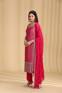 Woman wearing a rani pink banarasi silk salwar suit with sequins and zari work
