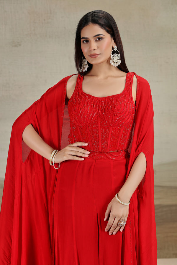 Red Chinnon Outfit with Cutdana & Pearl Work