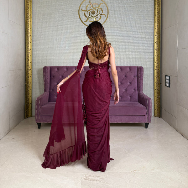 Embellished Ready-To-Wear Red Crepe Saree with Stitched Blouse