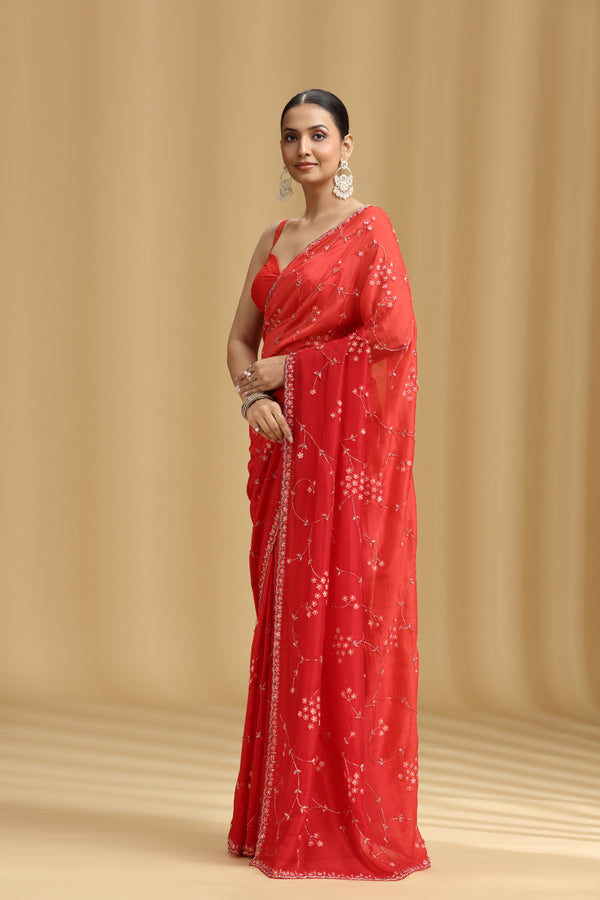 Red Ombre Crepe Saree with Cutdana, Stone & Tikki Work (Unstitched)