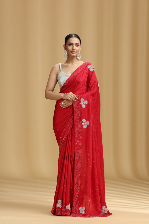 Red Satin Silk Saree with Stone Detailing and Unstitched Blouse