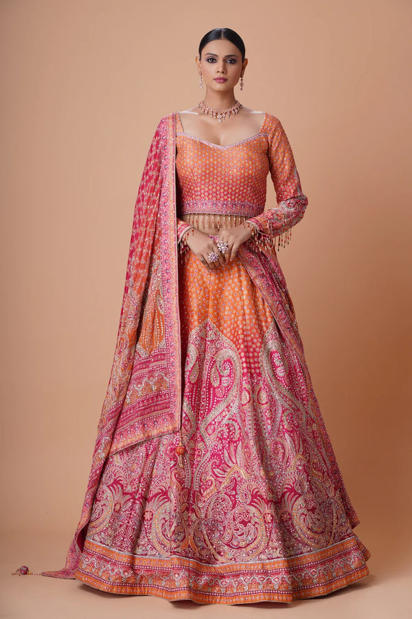 Bright Pink and Orange Art Silk Lehenga Set with Kundan & Zari Detailing