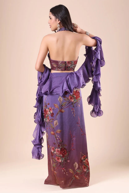 Purple Embroidered Organza Skirt and Top Indowestern Lehenga Set