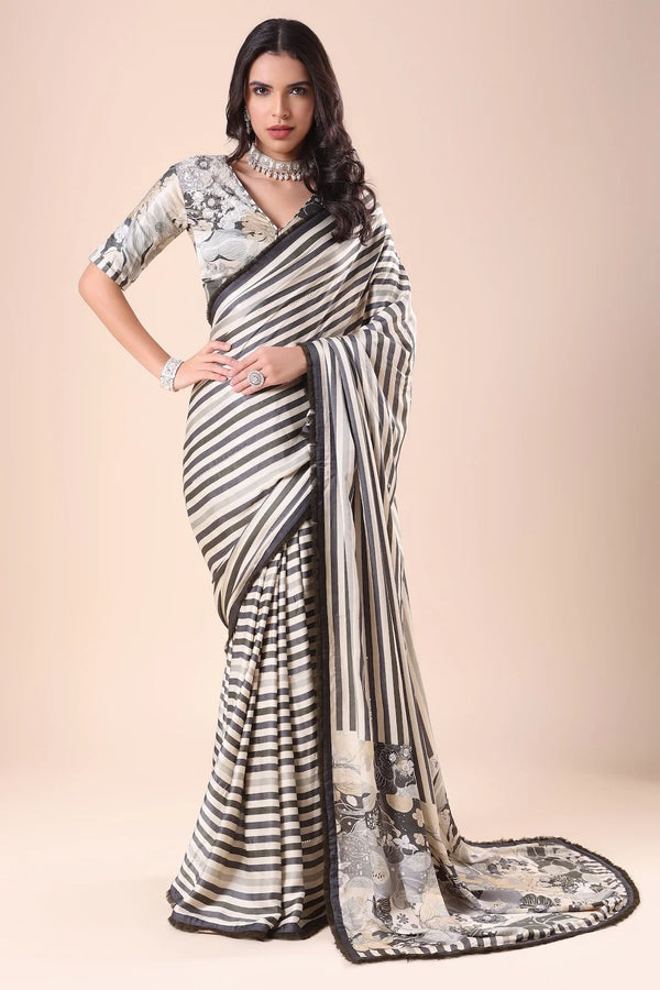 Grey Printed Satin Silk Saree with Appliqué, Sequins & Swarovski Work