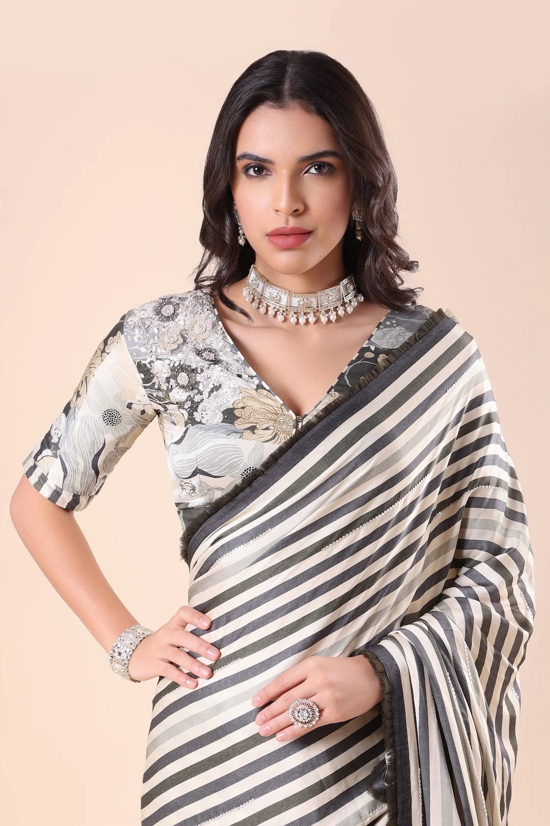 Grey Printed Satin Silk Saree with Appliqué, Sequins & Swarovski Work