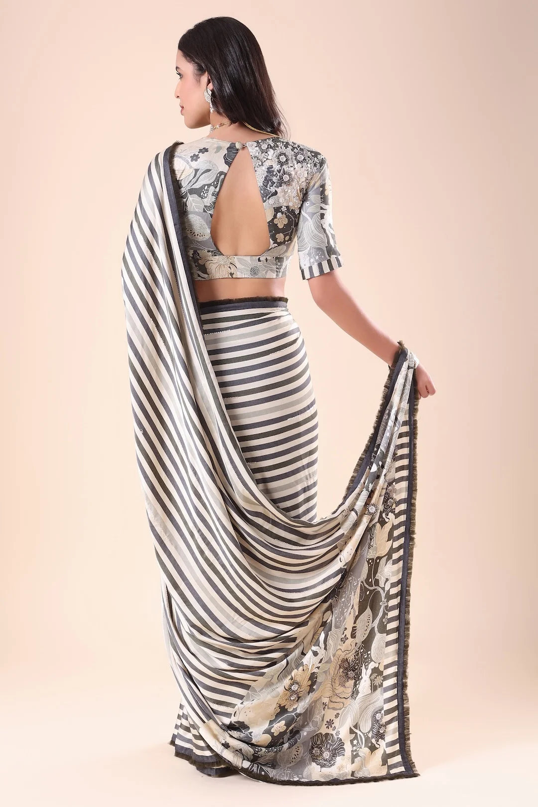 Grey Printed Satin Silk Saree with Appliqué, Sequins & Swarovski Work