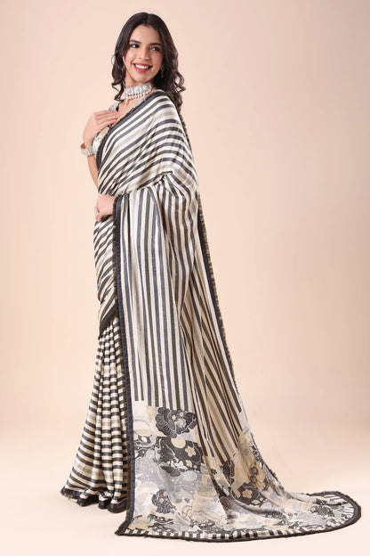 Grey Printed Satin Silk Saree with Appliqué, Sequins & Swarovski Work