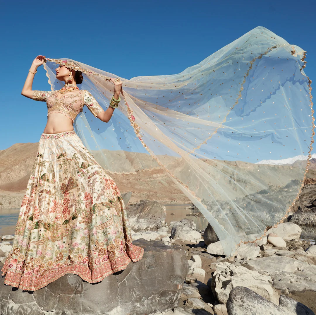 Gold Raw Silk Lehenga Set with Floral Resham & Zardosi Embellishment