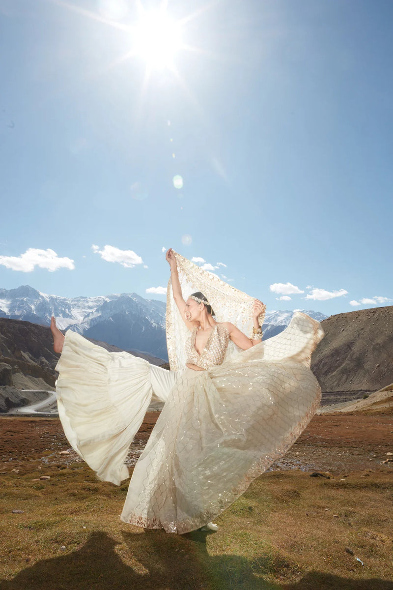 Ivory Organza Saree with Pitta, Sequins, Cutdana & Pearl Embellishment