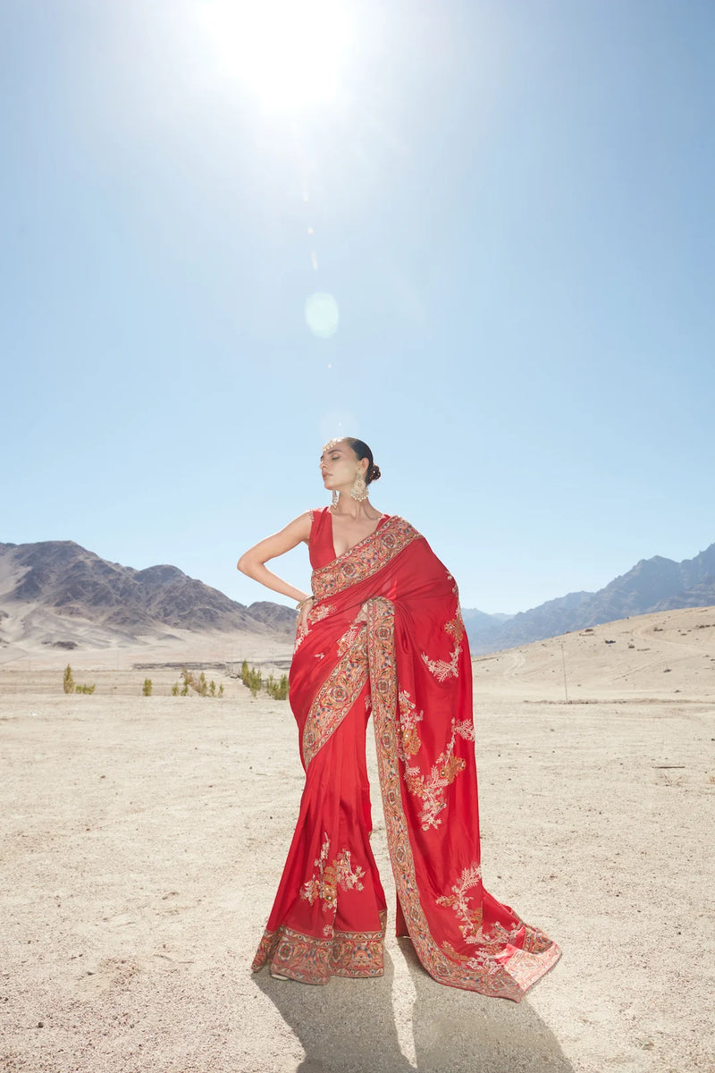 Red Banarasi Silk Saree with Dori, Mirror, Resham & French Knot Embroidery