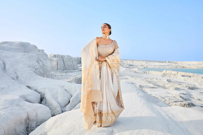 Moonlit Heirlooms - Ivory Tissue Banarasi Silk Saree with Intricate Weaving