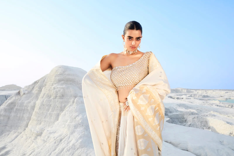 Moonlit Heirlooms - Ivory Tissue Banarasi Silk Saree with Intricate Weaving