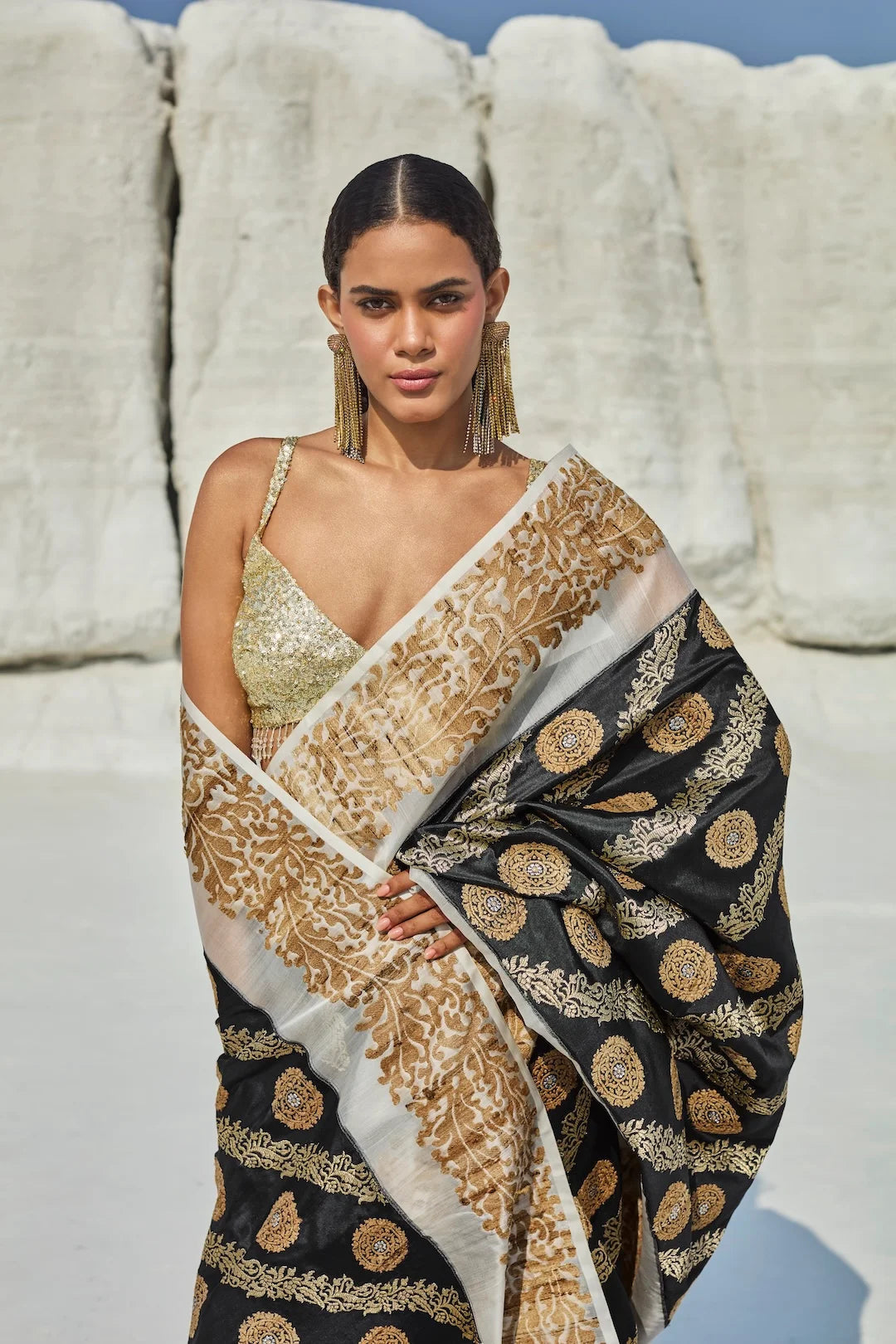 Woman wearing a Black and Gold Banarasi Silk Saree with a golden blouse 