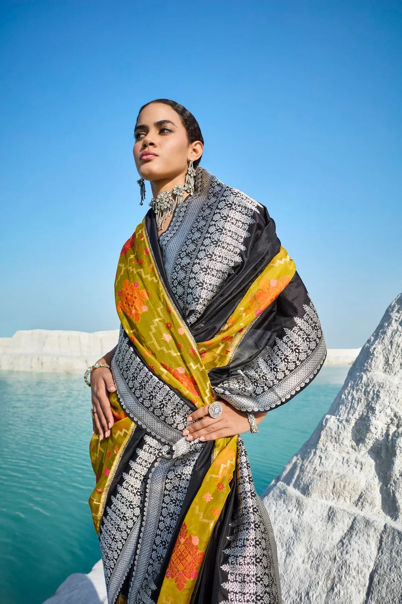 Moonlit Heirlooms - Black and Yellow Banarasi Silk Saree with Minakari Weaving