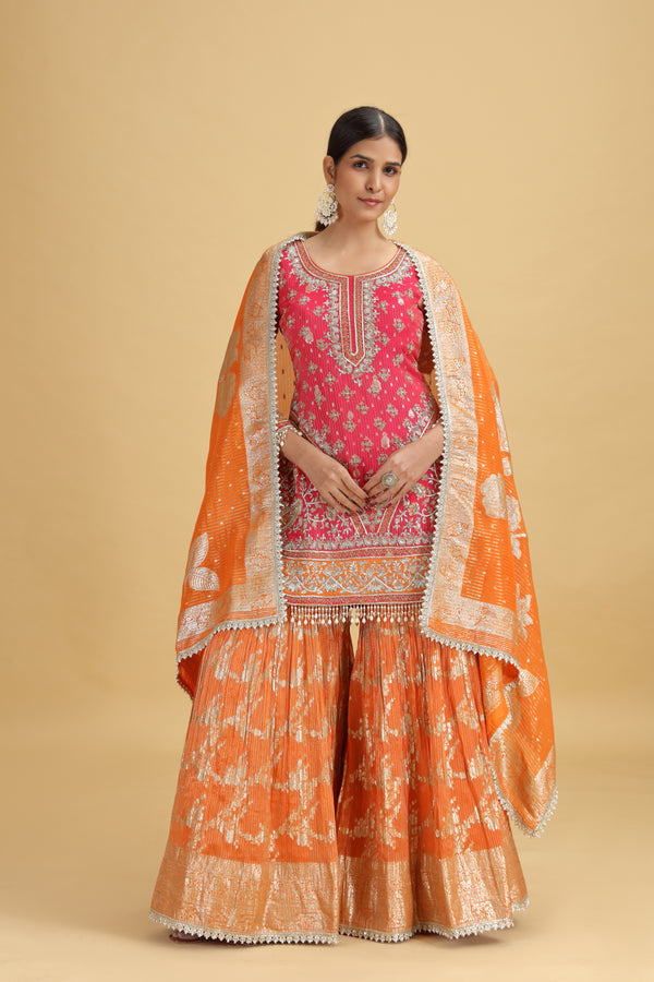 Rust Orange Banarasi Silk Suit Set with Moti, Thread & Zardosi Work