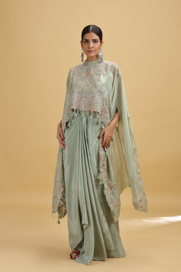 Sage Green Suit Set with Tissue Dupatta & Intricate Hand Work