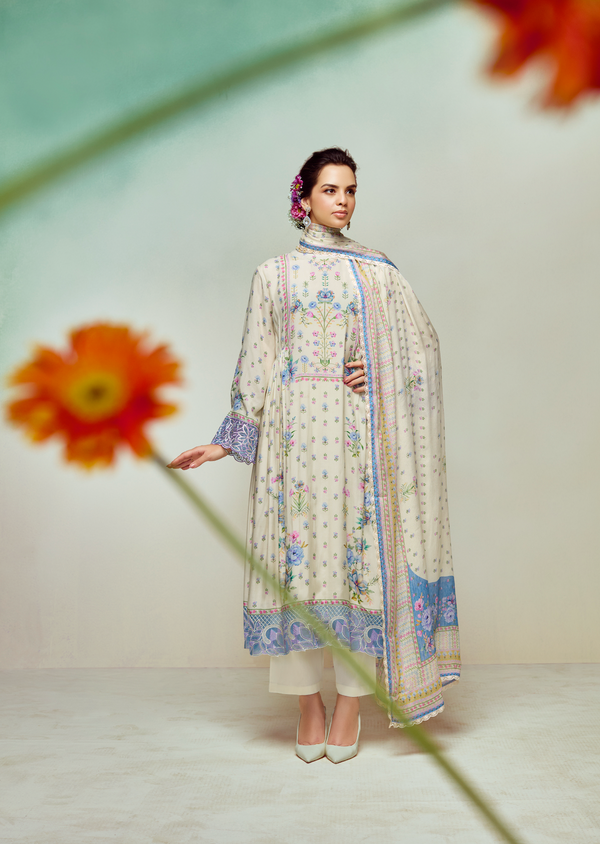 White Printed Unstitched Cotton Kurta Set