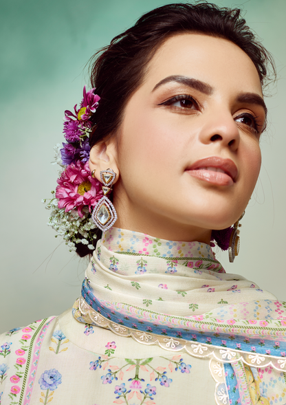 White Printed Unstitched Cotton Kurta Set