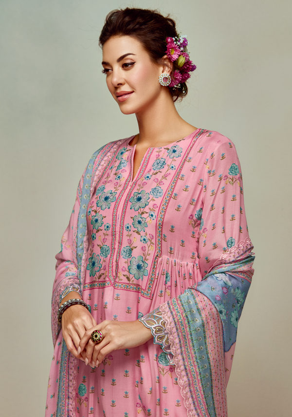 Pink Printed Unstitched Cotton Kurta Set