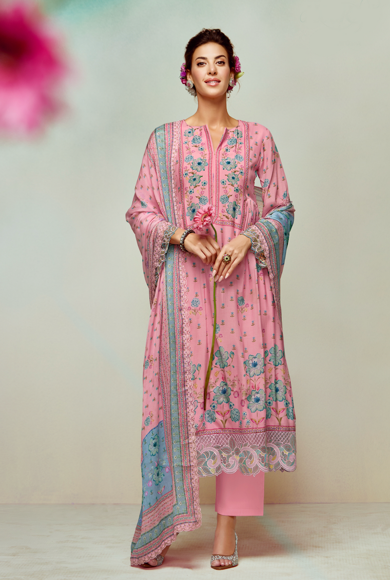 Pink Printed Unstitched Cotton Kurta Set