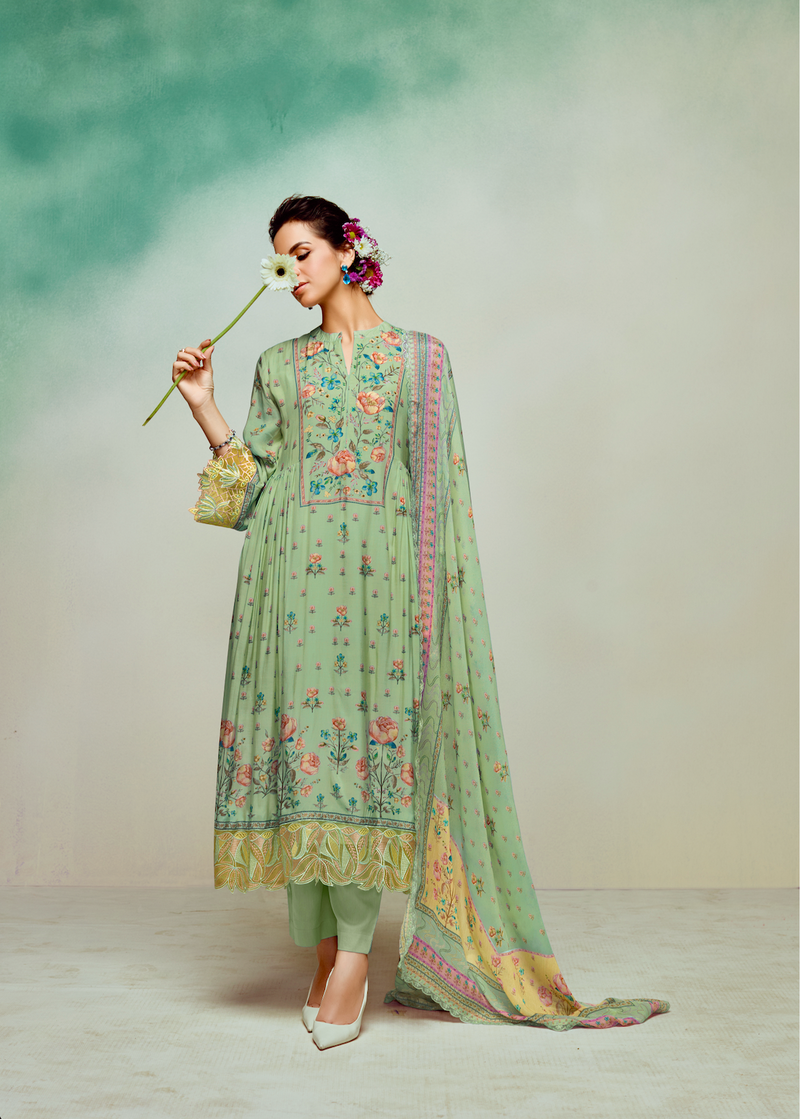 Green Printed Unstitched Cotton Kurta Set