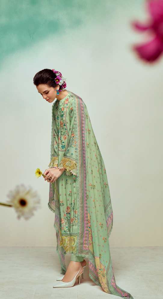Green Printed Unstitched Cotton Kurta Set