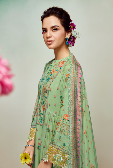 Green Printed Unstitched Cotton Kurta Set