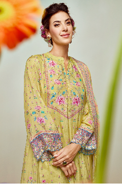 Yellow Floral Printed Straight unstitched Kurta Set