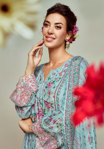 Blue Printed Unstitched Cotton Kurta Set