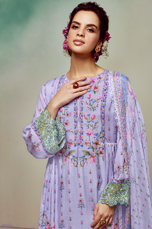 Purple Printed Unstitched Cotton Kurta Set