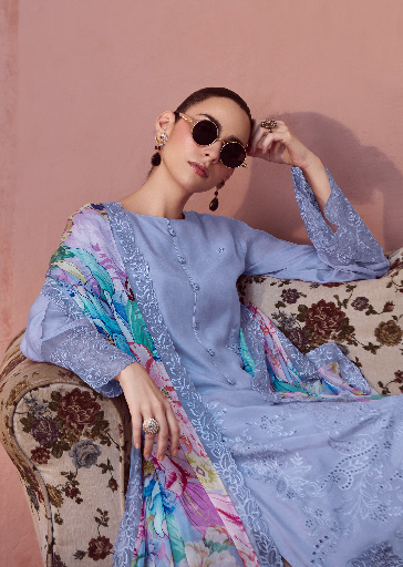 Purple Embroidered Unstitched Cotton Kurta Set with Printed Dupatta