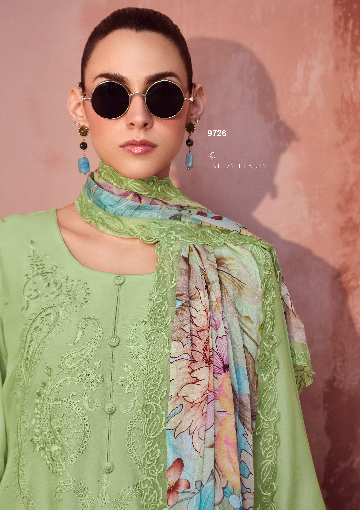 Pista Green Embroidered Unstitched Cotton Kurta Set with Printed Dupatta