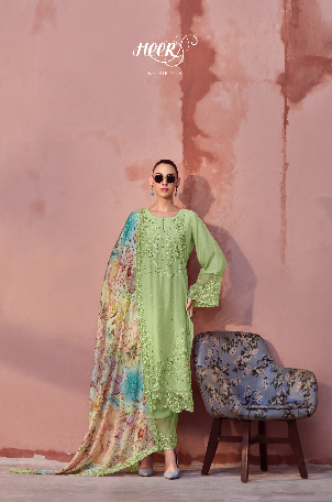 Pista Green Embroidered Unstitched Cotton Kurta Set with Printed Dupatta
