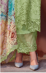 Pista Green Embroidered Unstitched Cotton Kurta Set with Printed Dupatta