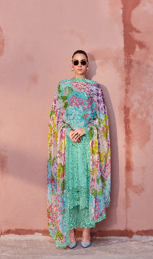 Green Embroidered Unstitched Cotton Kurta Set with Printed Dupatta
