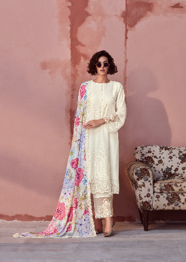 White Embroidered Unstitched Cotton Kurta Set with Printed Dupatta