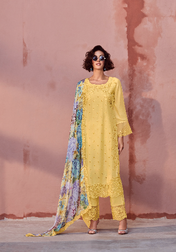 Yellow Embroidered Unstitched Cotton Kurta Set with Printed Dupatta