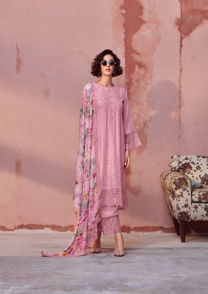 Pink Embroidered Unstitched Cotton Kurta Set with Printed Dupatta
