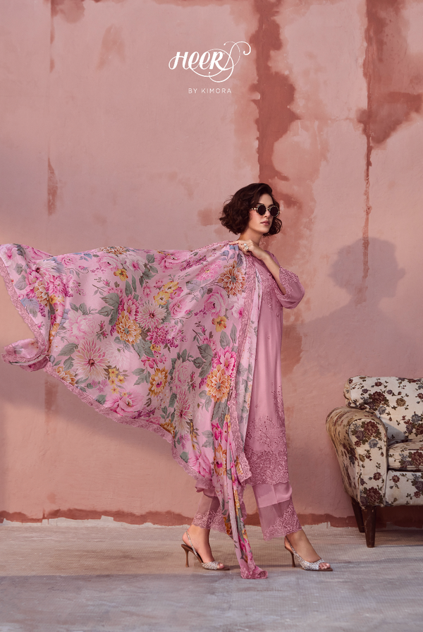 Pink Embroidered Unstitched Cotton Kurta Set with Printed Dupatta
