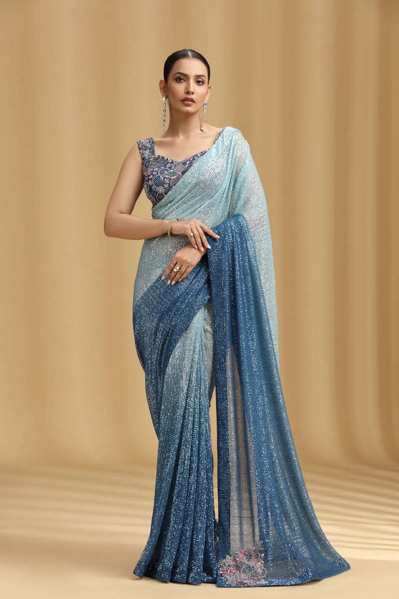 Sea Green & Royal Blue Net Saree with Sequins, Beads, Cutdana & Pearl Work (Stitched Blouse))